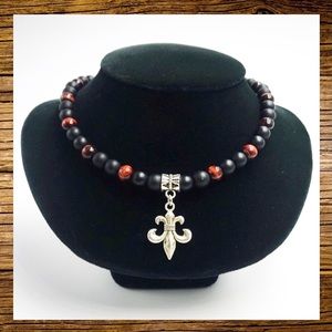 Onyx & red tiger eye fleur de lis charm necklace